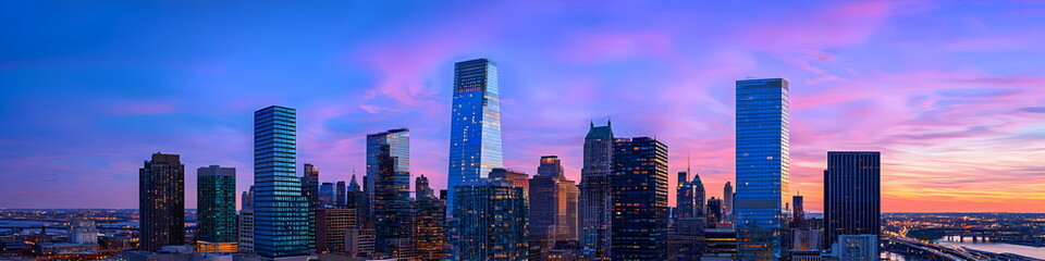 Fototapeta premium A city skyline with a beautiful sunset in the background
