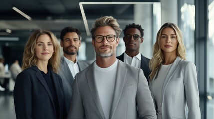 Professional team poses confidently in a modern office setting during a bright workday