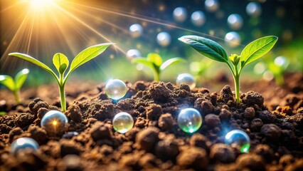 Extreme close-up of nanotechnology in agriculture, showing nanoparticle enhancing soil and plant health
