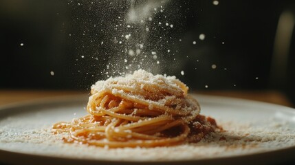 Italian pasta dish with a rich tomato sauce, sprinkled with parmesan cheese, rustic background