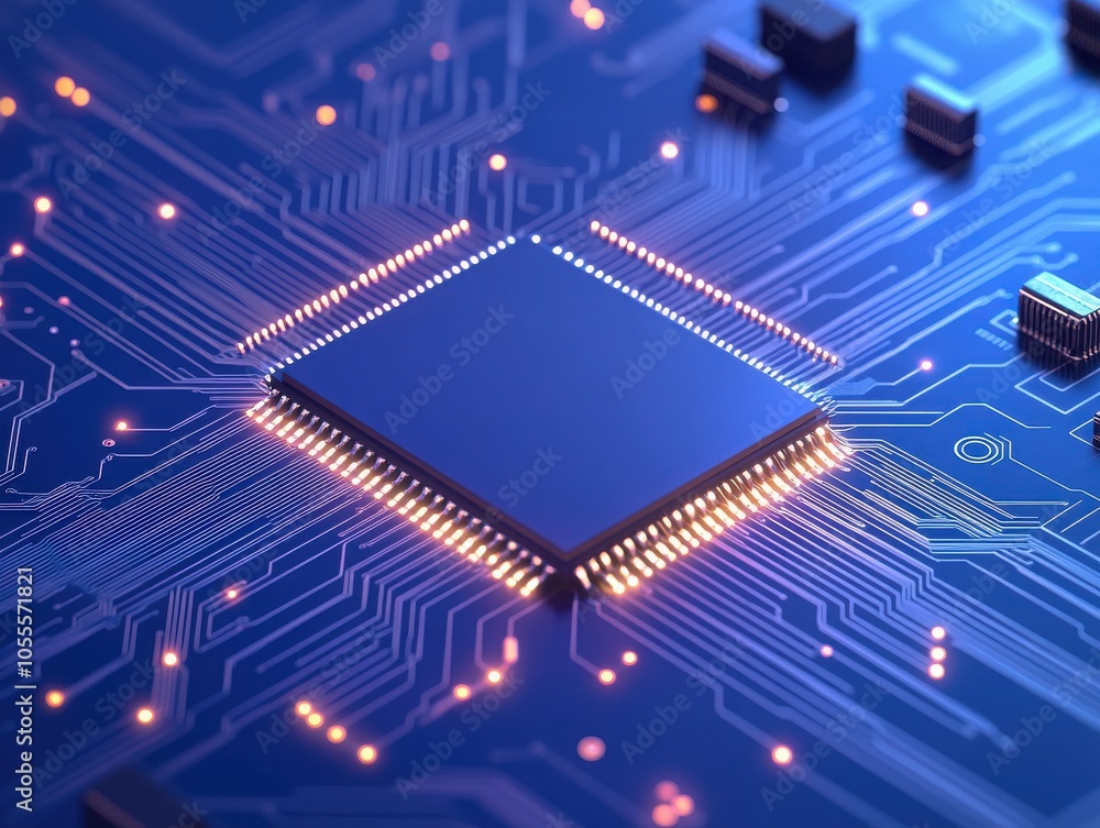 Poster close-up of a modern computer chip on a circuit board, showcasing intricate details and glowing conn