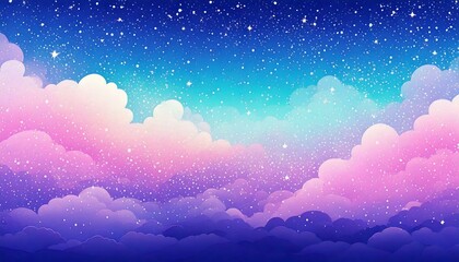 Fototapeta premium A heavenly sky full with etherial, misty fluffy clouds with sparkles. Clear, bright blues, purples, pinks.