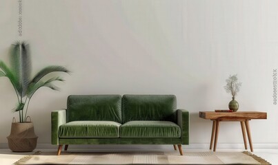 Fototapeta premium Minimalist living room interior with green velvet sofa. wooden side table. and plants