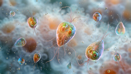 Microscopic image of Giardia lamblia trophozoites. Intestinal protozoan parasite, flagellate. Giardiasis, diarrhea, waterborne disease. 3D giardia medical illustration, microbiology science, pathology
