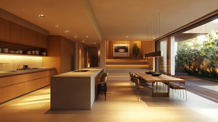 A modern, open-plan kitchen and dining space with sleek countertops, gentle lighting, and subtle, flowing lines in the design, evoking a sense of calm and unity in the space