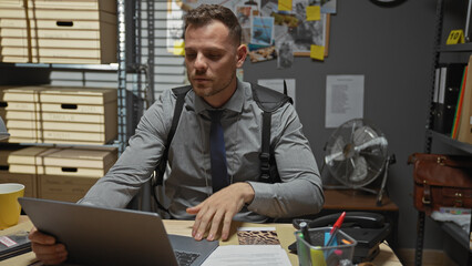 Hispanic detective analyzes evidence in a cluttered office, portraying focus and determination.