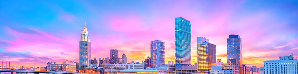 Fototapeta premium A city skyline with a large building in the middle