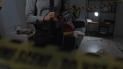 Young hispanic man with a beard taking notes at a dimly-lit indoor crime scene in a living room