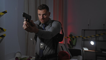 Hispanic man, detective, aiming handgun indoors at a crime scene with caution tape and dramatic...
