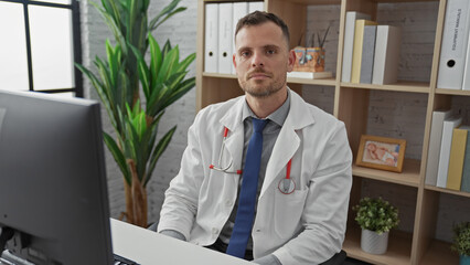 A confident male doctor in a white coat works at a computer inside a modern clinic office
