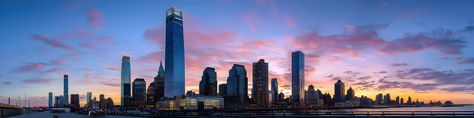Fototapeta premium A city skyline with a large building in the middle