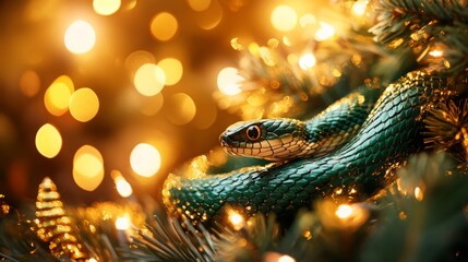 Fototapeta premium A striking green snake rests gracefully among the branches of a decorated Christmas tree, with glowing golden lights illuminating the festive atmosphere.