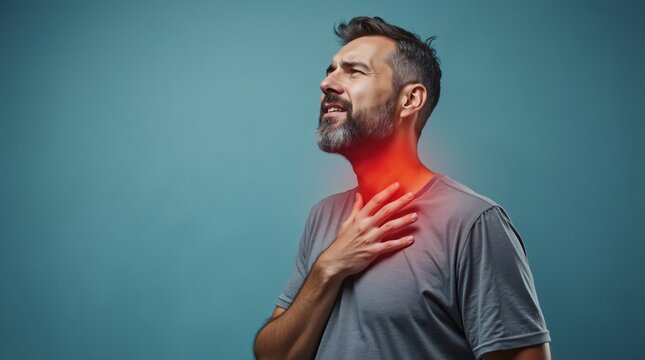 Man experiencing throat issues, looking concerned and grabbing his neck.