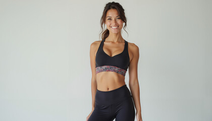 Obraz premium A young woman with long brown hair is wearing a black sports bra with a gray and red design and black leggings, she is smiling and looking at the camera.