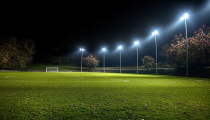 Obraz premium Empty, Illuminated Soccer Field at Night, Enveloped by Trees and Darkness, Ready for a Game
