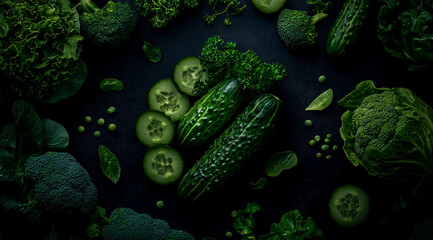 Fototapeta premium A vibrant display of green vegetables, including cucumbers and broccoli, arranged on a dark background.