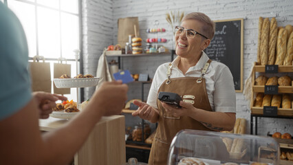 Woman smiling while assisting man in bakery interior, holding payment terminal with shelves filled...