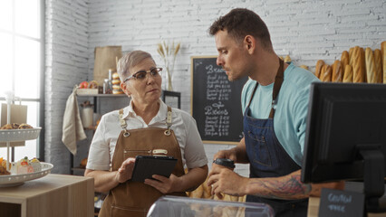 Woman using tablet while man talks to her in a bakery setting with breads and pastries in the background