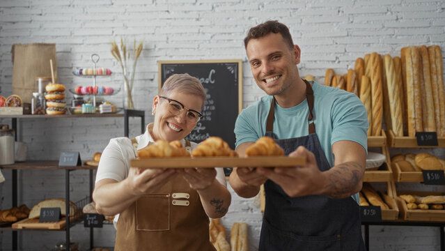 Woman and man bakers proudly display fresh croissants in an inviting bakery with shelves of various baked goods in the background.