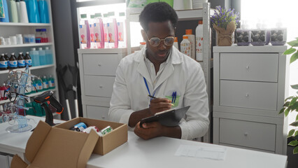Young, african, american, man, in, pharmacy, store, writing, on, clipboard © Krakenimages.com