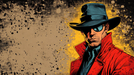 Mysterious detective in raincoat and hat in pop art style for retro design