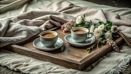 Vintage Coffee in Bed with Two Cups of Espresso on a Wooden Tray, Cozy Morning Vibes, Rustic Charm,