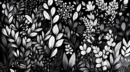 Monochrome Botanical Doodles with Flowing Leaves and Flowers in Stylized Nature Background