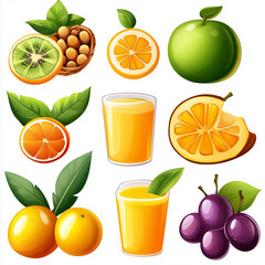 An enticing collection of fruits and juice showcasing kiwis, oranges, grapes, and fresh-squeezed flavor