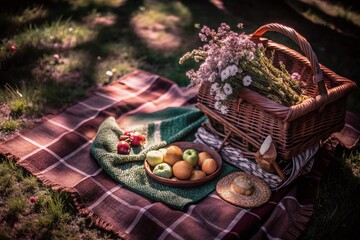 Vintage Green Picnic Towel on Grass with Classic Picnic Basket and Wildflowers