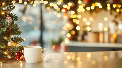 Holiday Café Decorated with Twinkling Lights and Christmas Tree