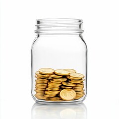 Glass Jar Filled with Gold Coins on White Background