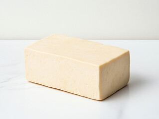 Creamy tofu block on white background, perfect for various culinary uses. This versatile ingredient is ideal for stir fries, salads, and vegan dishes, adding texture and protein