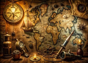 Naklejka premium Vintage Nautical Exploration Voyage Wallpaper Mural Background for Pirate and Explorer Themes