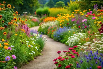 A winding path lined with vibrant wildflowers and greenery, forming a beautiful and natural flower border, outdoor decor ideas, winding paths, garden paths, flower borders, nature scenery