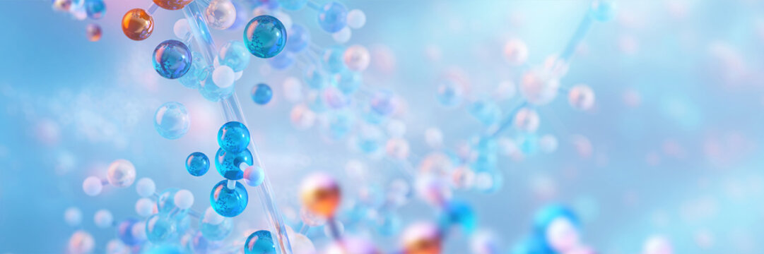 Amino acids in protein molecules, essential for DNA molecular structure, metabolism, muscle synthesis, recovery. MicroRNA gene expression. Health, fitness, nutrition, dietary supplements 3D banner