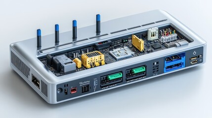 Open Router with Visible Internal Components and Connections