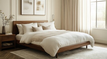 A refined bedroom with a focus on comfort and quality, featuring tailored linens, a sleek wooden bed frame, and subtle luxury elements like silk pillows