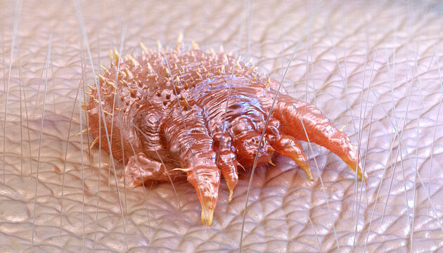 Sarcoptes scabiei, microscopic mite, causes scabies. Infestation affects skin, leading to itching, rashes. Mite burrows into skin, laying eggs. Skin parasite 3D medical illustration, microscope view