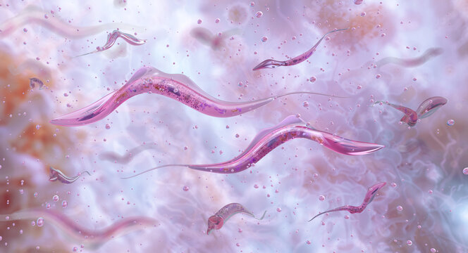 Microscopic image of Trypanosoma brucei, parasitic protozoan, the causative agent of African trypanosomiasis. Sleeping sickness protozoa parasite microscopy. Chagas disease, 3D medical illustration