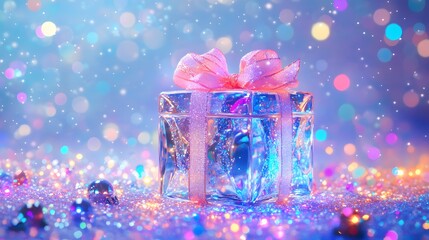 Sparkling Gift Box with Pink Ribbon on Glitter Background