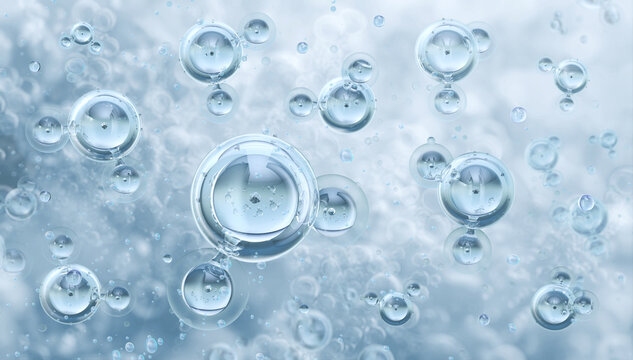 Water molecules. Each molecule consists of two hydrogen atoms bonded to single oxygen atom. Water H2O molecular structure. Biotechnology, chemistry, physics, biology educational scientific 3D model
