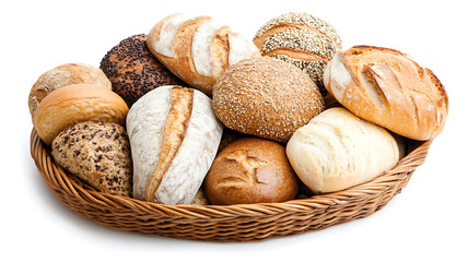Variety of fresh bread loaves and rolls arranged in a basket, isolated on a white background. Ideal for bakery and food themes.

