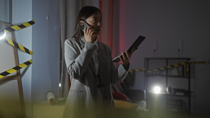 Asian woman on phone holding notepad in a dimly lit crime scene indoor with caution tape.
