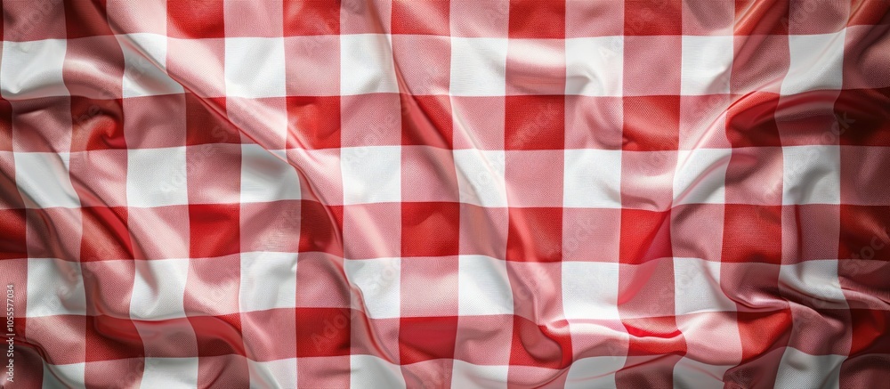 Poster top view of a red and white checkered tablecloth creating a vibrant background with a red gingham pa