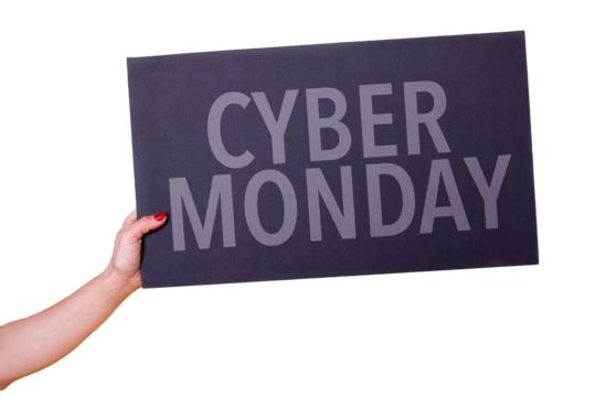 Female hand holding a Cyber Monday poster over transparent background - Powered by Adobe