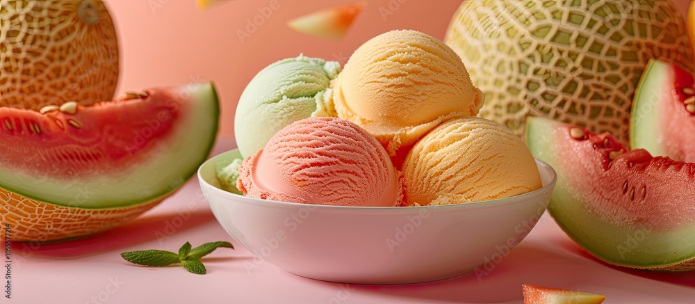 Poster a bowl with scoops of ice cream surrounded by fresh melon slices creates a delicious display in this