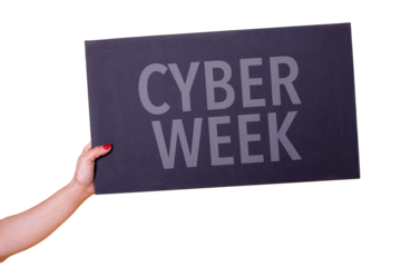 Female hand holding a Cyber Week poster over transparent background