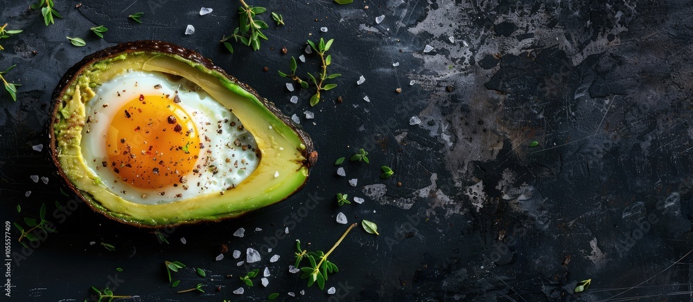 Poster top down view of an organic egg cooked inside an avocado with salt pepper and thyme on a dark backdr