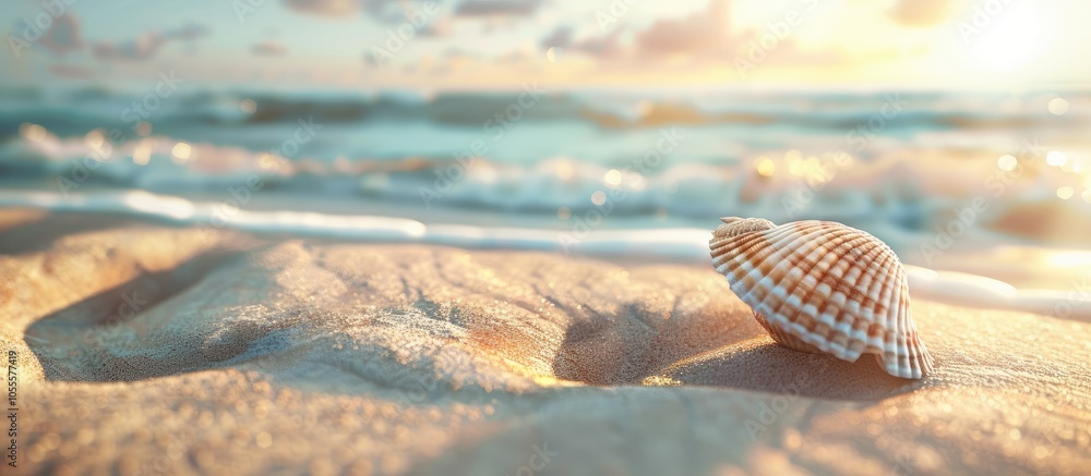 Poster a seashell resting on the sandy shore a serene scene captured in a copy space image