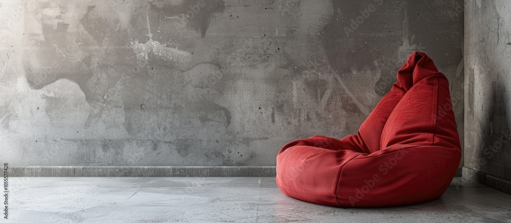 Poster indoor setting with a red bean bag chair placed near a gray wall providing space for a text overlay 
